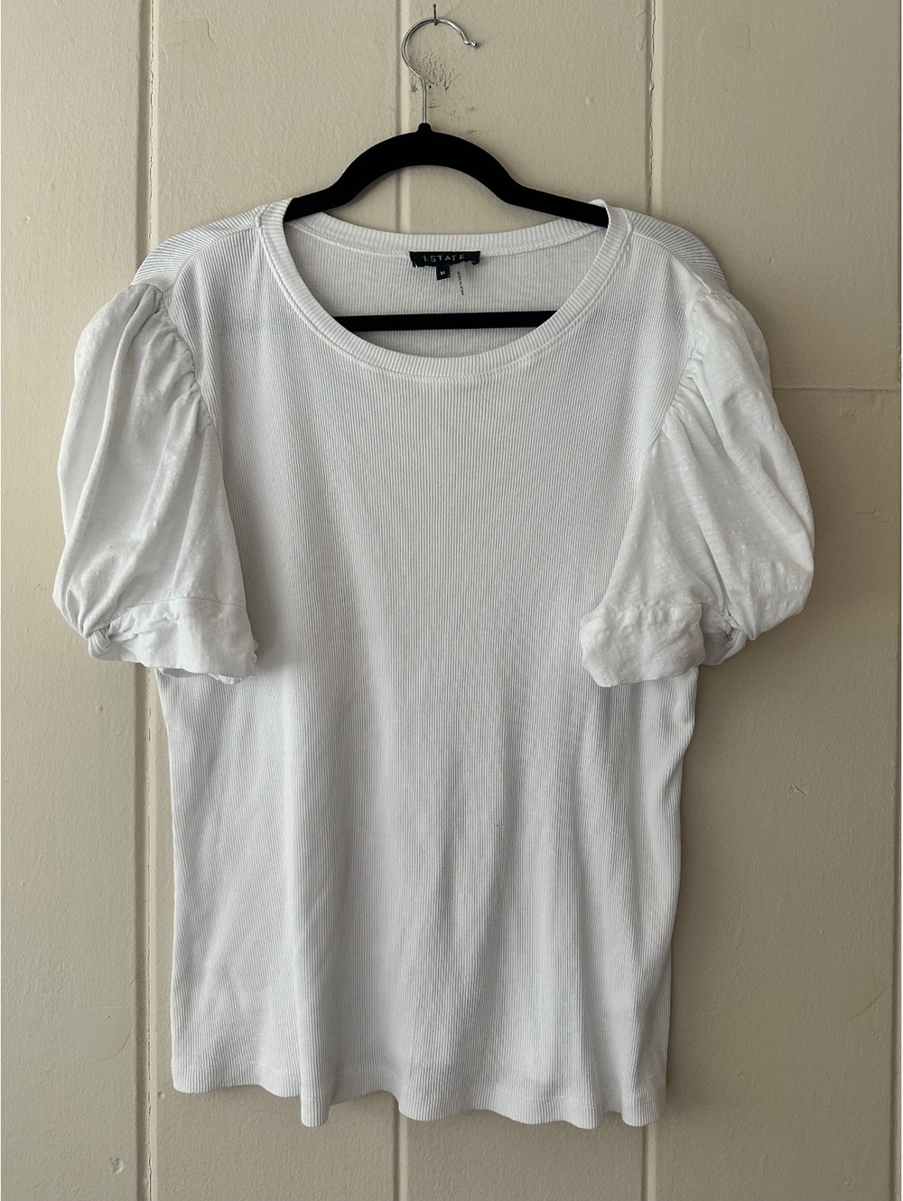 1.STATE White Ribbed 100% Cotton Puff Sleeve Blouse Size XL